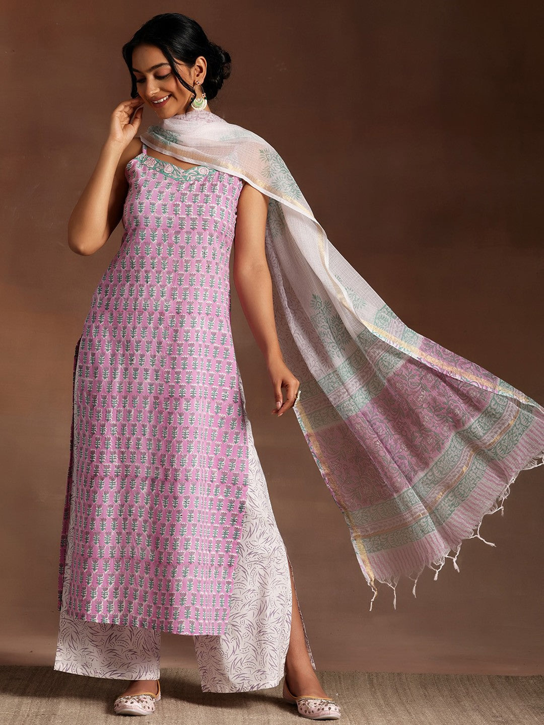 Floral Printed Shoulder Straps Pure Cotton Kurta With Palazzos & Dupatta