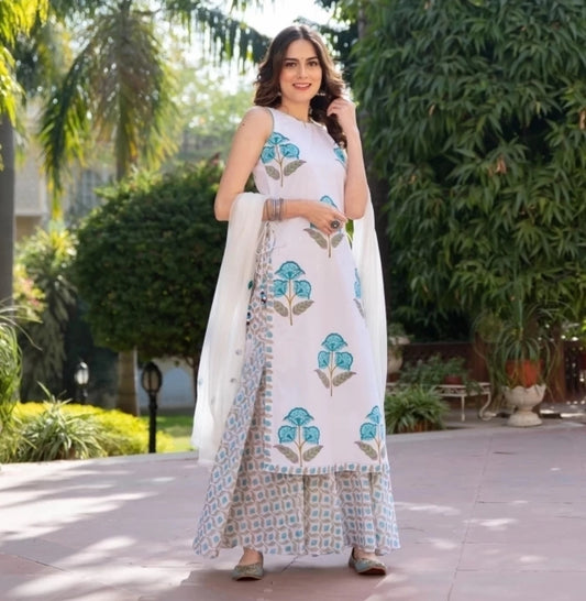 Women cotton Blend kurta Sharara and Dupatta