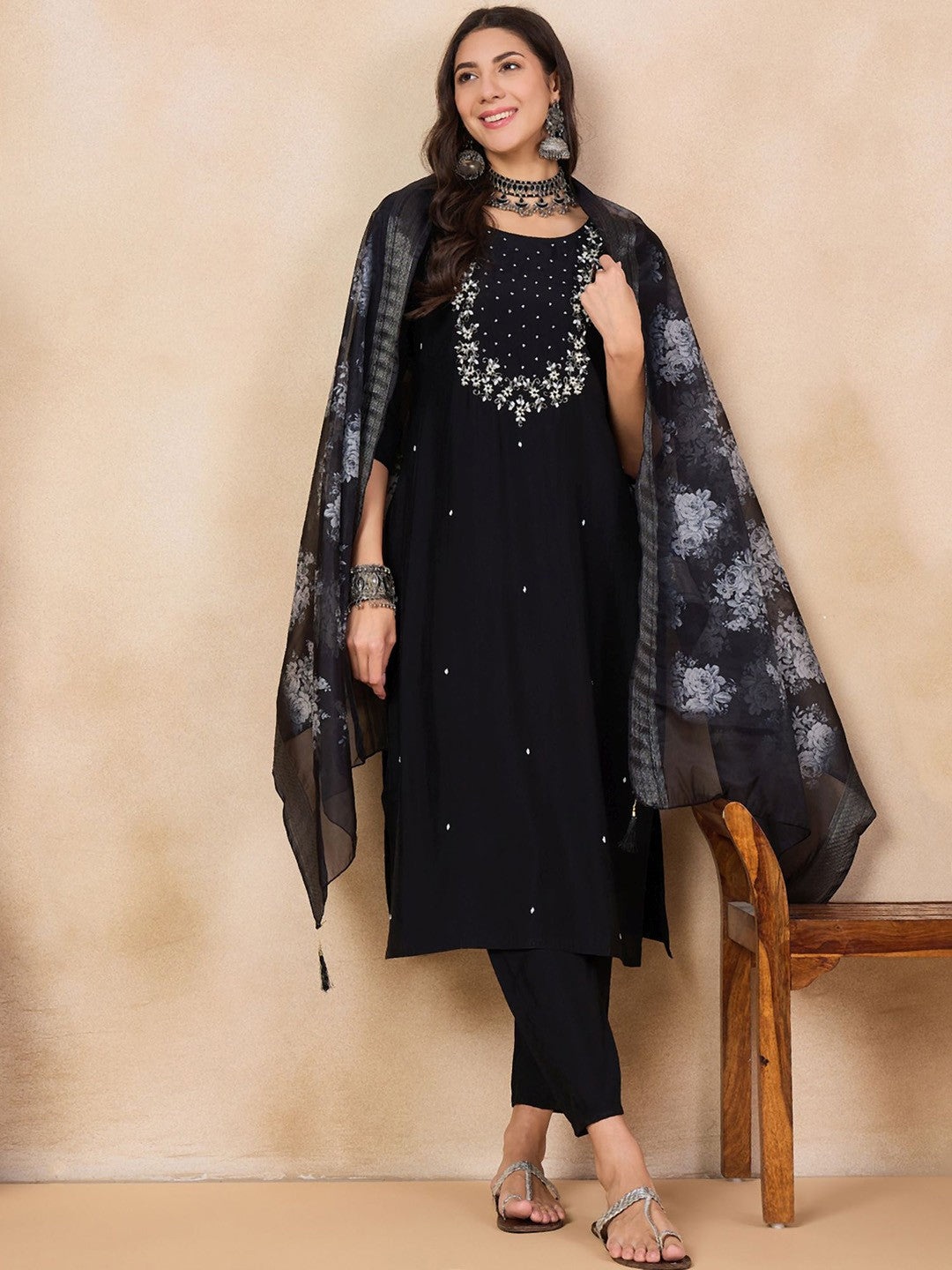 Black Ethnic Motifs Embroidered Chanderi Silk Straight Kurta & Trouser With Dupatta