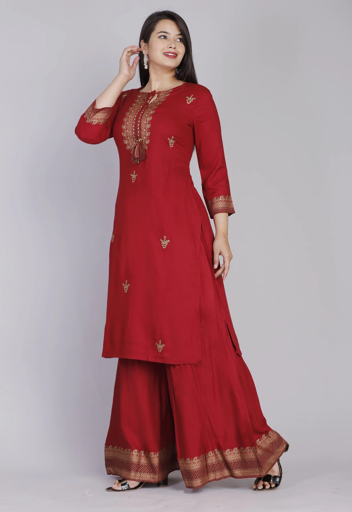 Women Red Viscose Rayon Kurti Palazzo Dupatta Set