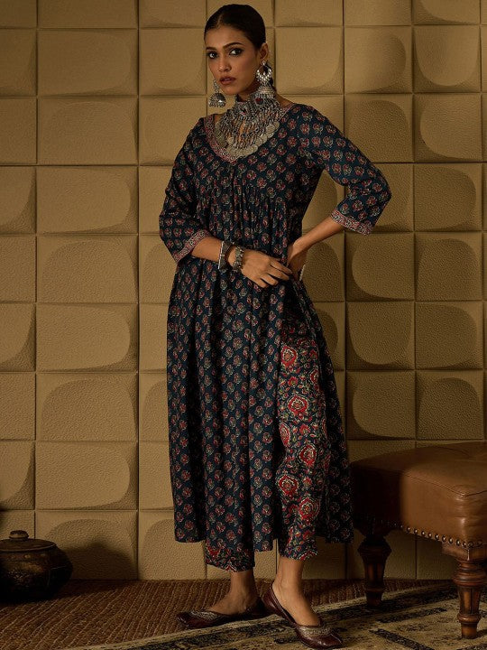 Floral Printed Empire Pure Cotton Kurta with Trousers