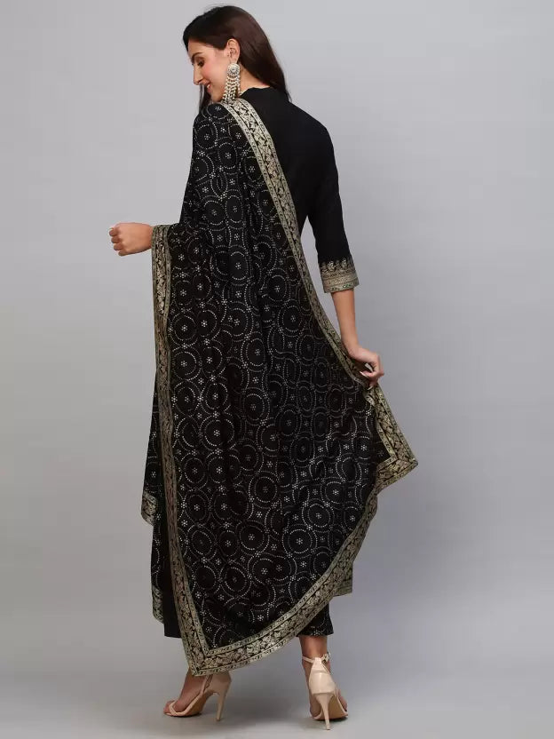 Women Black Cotton Blend Kurti Pant Dupatta Set