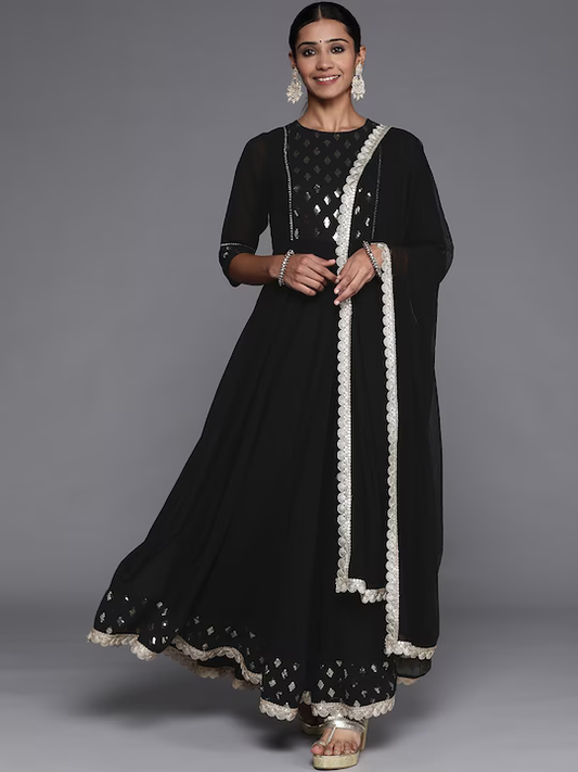 Women Black Yoke Design Sequinned Kurta with Churidar & With Dupatta