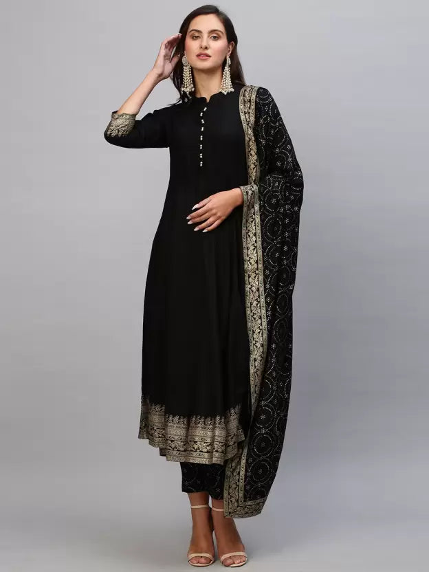 Women Black Cotton Blend Kurti Pant Dupatta Set