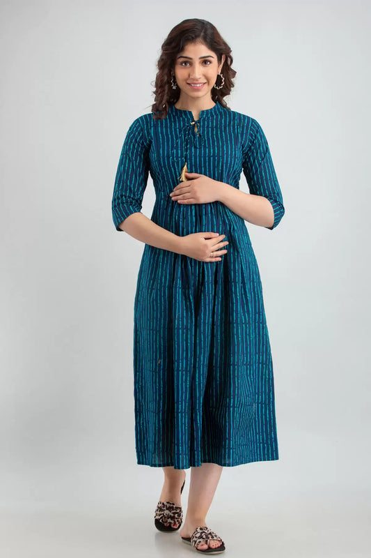 Women Leheriya Cotton Blend Flared Maternity dress/Kurta