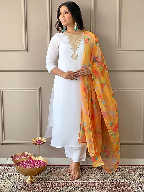 Women's Offwhite Rayon Blend Embroidered A-line Kurta with Rayon Blend Pant and Organza Printed Dupatta Sets