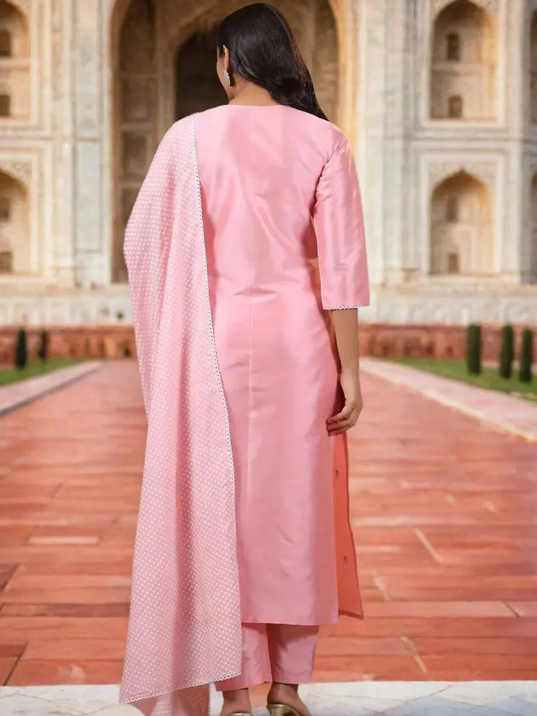 Pink Floral Embroidered Kurta With Trousers & Dupatta