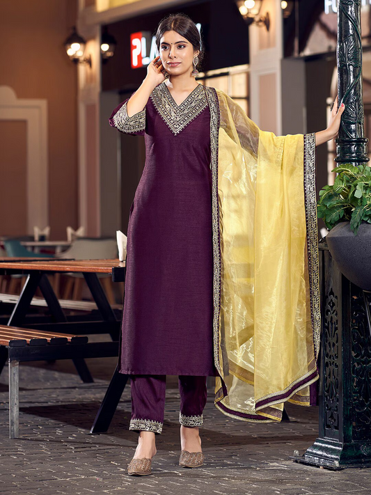 V Neck Embroidered Thread Work Kurti with Trousers & With Dupatta