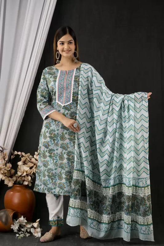 Women Pure Cotton Kurta Pant Dupatta Set Special price