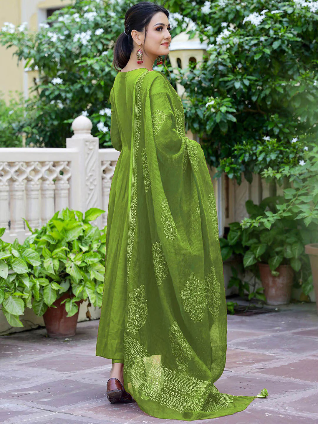 V Neck Empire Anarkali Kurta with Trouser & Dupatta