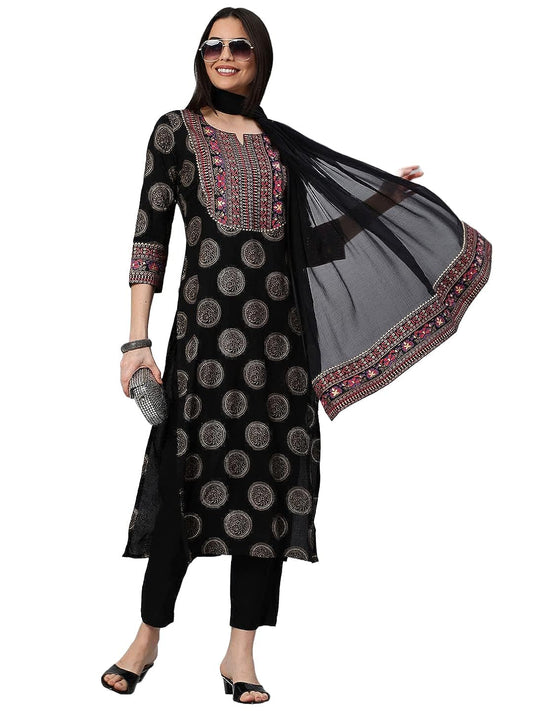 Women's Black Cotton Blend Printed Straight Kurta with Pant & Dupatta