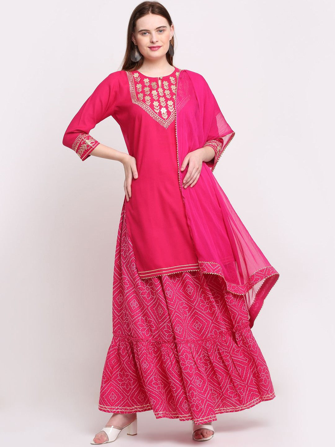 Women Ethnic Motifs Yoke Design Regular Gotta Patti Kurta with Sharara & With Dupatta