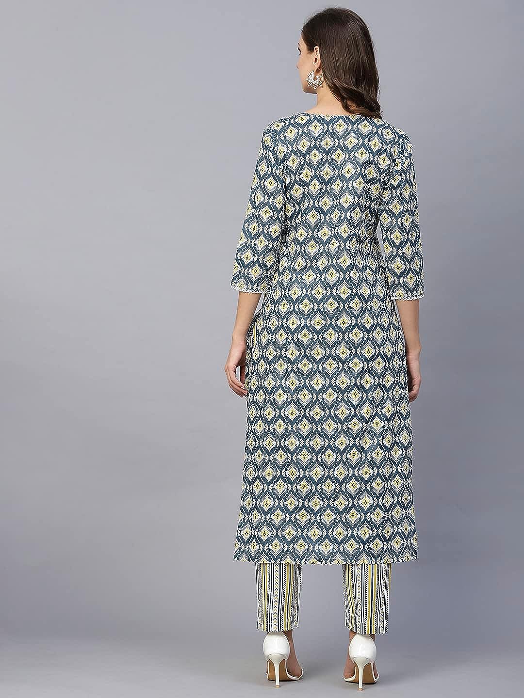 Women's Cotton Blend Straight Printed Kurta with Pant