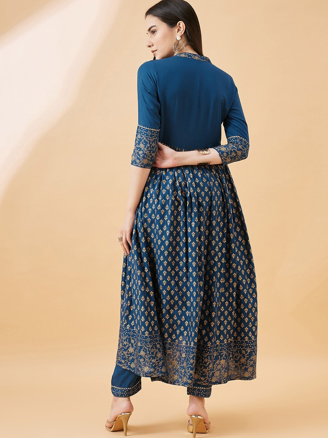 Ethnic Motifs Printed Gotta Patti Pleated A-Line Kurta With Trouser