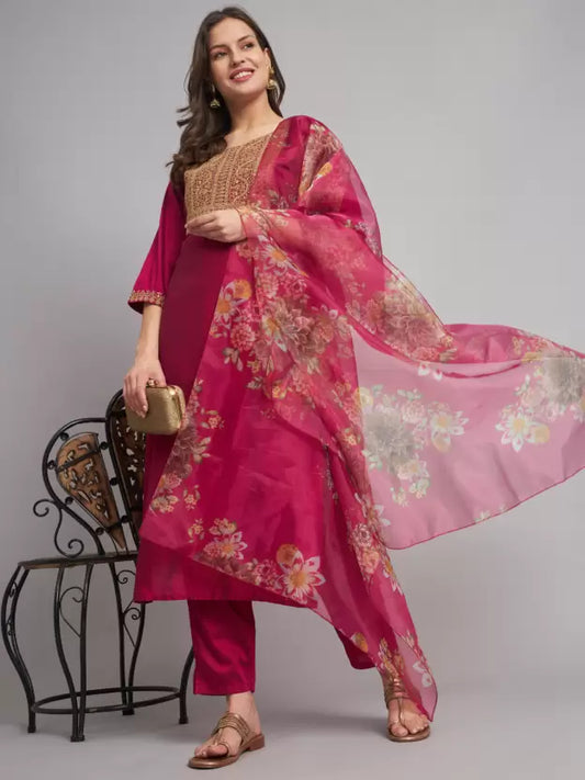 Women Pink Silk Blend Kurta Pant Dupatta Set