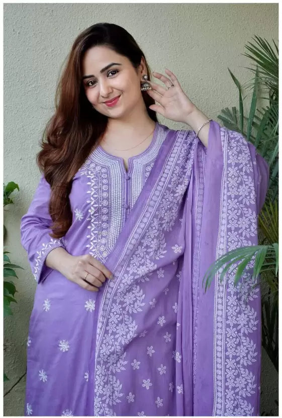 Women Purple Cotton Blend Kurta Pant Dupatta Set