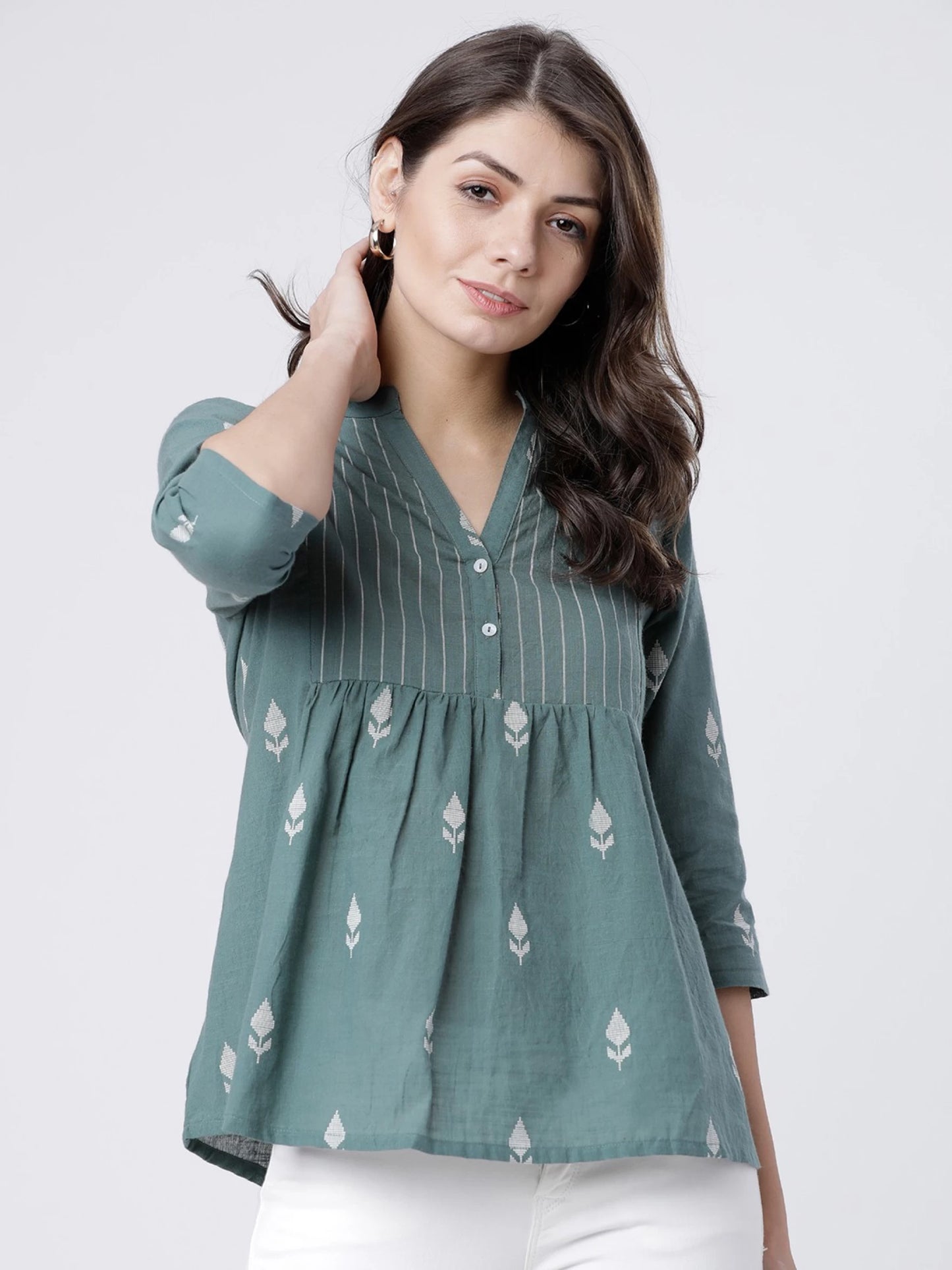 Casual Regular Sleeves Printed Women Green Top