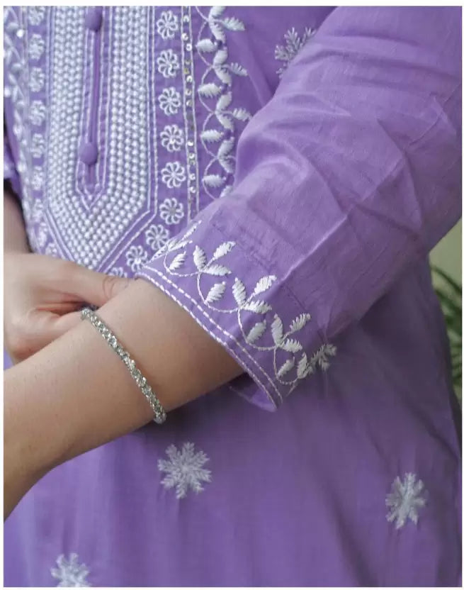 Women Purple Cotton Blend Kurta Pant Dupatta Set