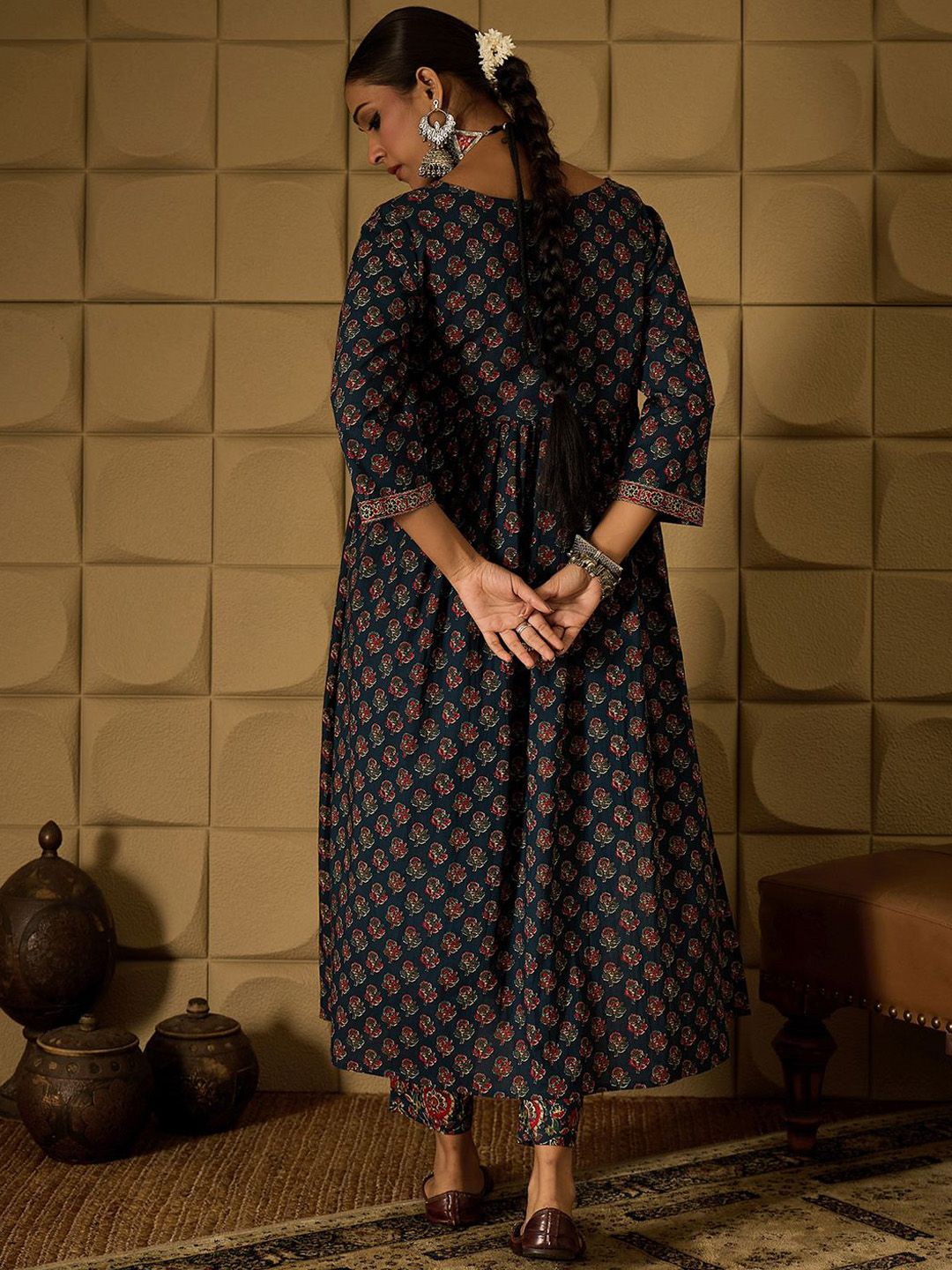 Floral Printed Empire Pure Cotton Kurta with Trousers