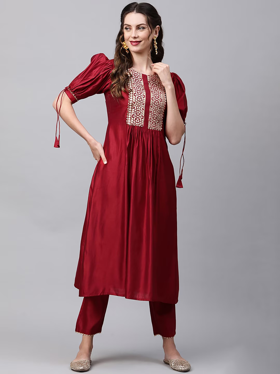 Women Red Yoke Design Liva Kurta with Trousers