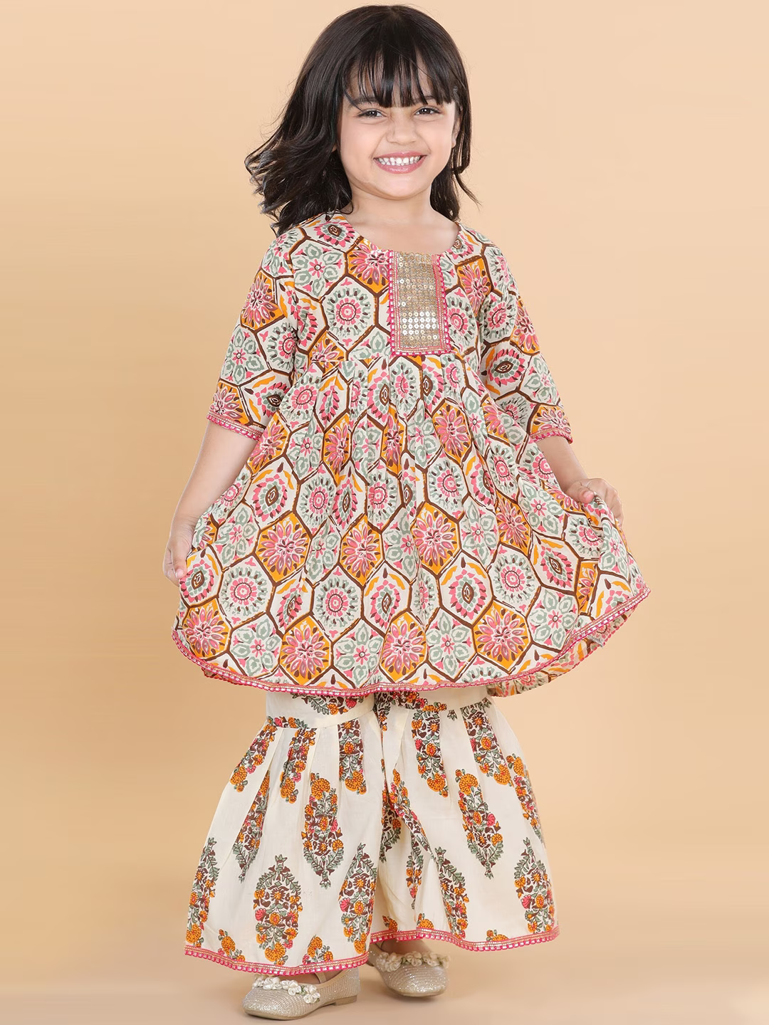 Girls White Printed Gotta Patti Pure Cotton Kurti with Sharara