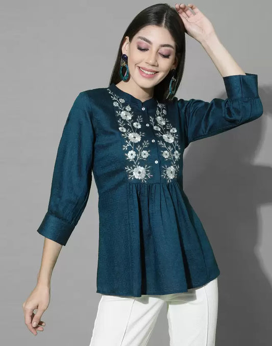 Casual Regular Sleeves Embroidered Women Blue Top