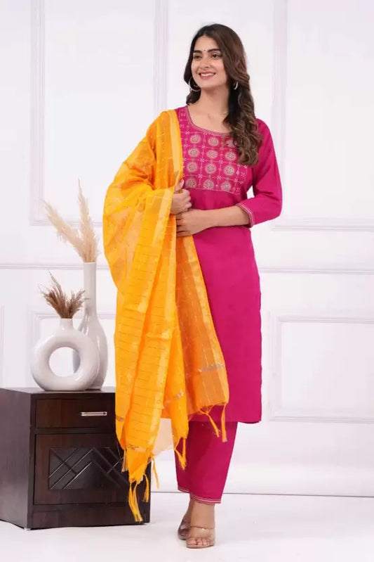 Women Pink Orange Viscose Rayon Kurta Pant Dupatta Set