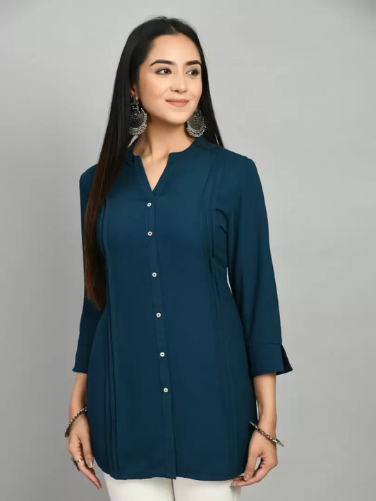 Formal Cuffed Sleeves Solid Women Blue Top