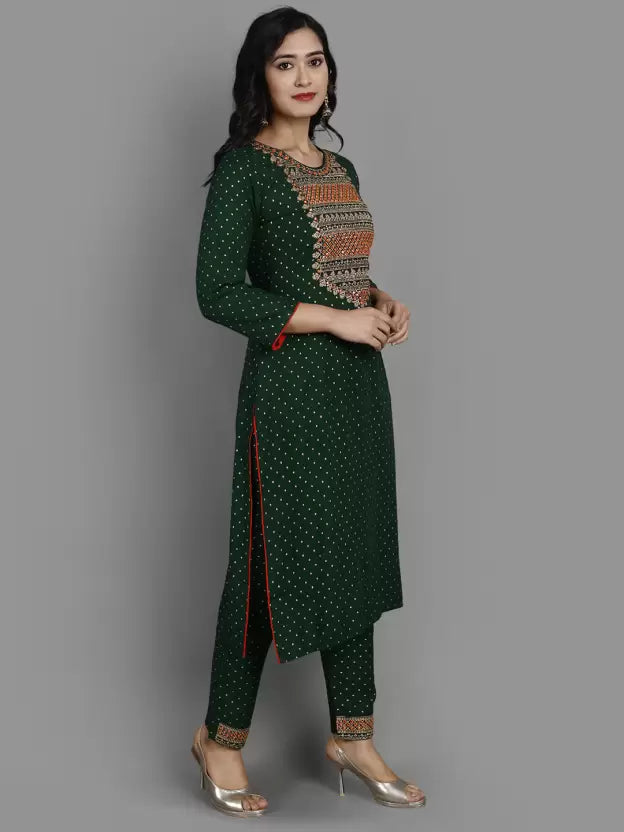 Women Green Viscose Rayon Kurta Pant Dupatta Set