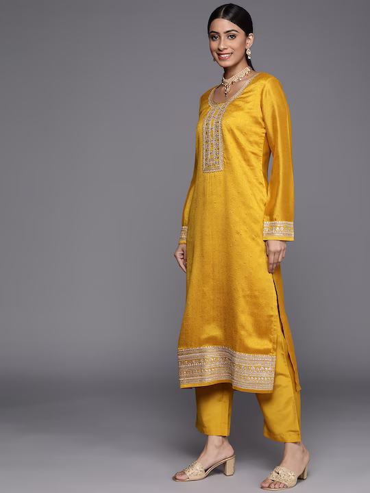 Women Mustard Yellow Floral Motifs Sequinned Kurta with Trousers & With Dupatta