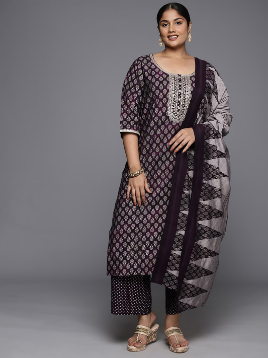 Ethnic Motifs Yoke Design Sequinned Kurta with Trousers & Dupatta