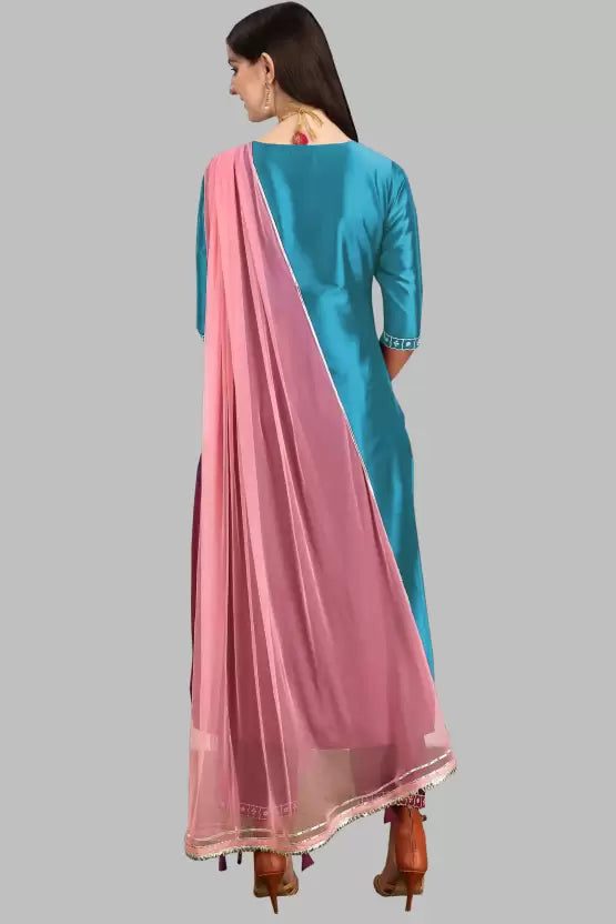 Women Blue Kurta, Pant And Pink Dupatta Set