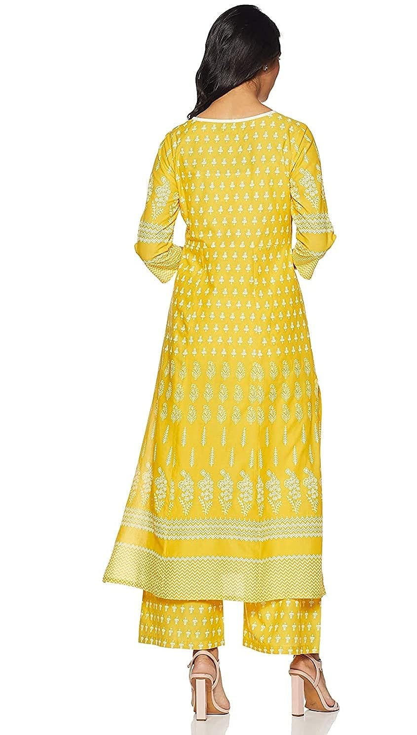 Women's Yellow Cotton Printed Straight Kurti with Palazzos Set