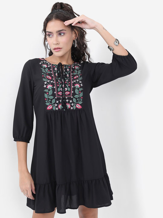 Black Floral Embroidered Tie-Up Neck A-Line Mini Dress