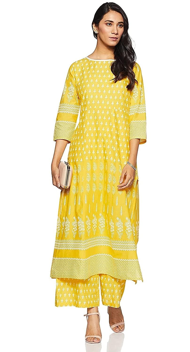 Women's Yellow Cotton Printed Straight Kurti with Palazzos Set