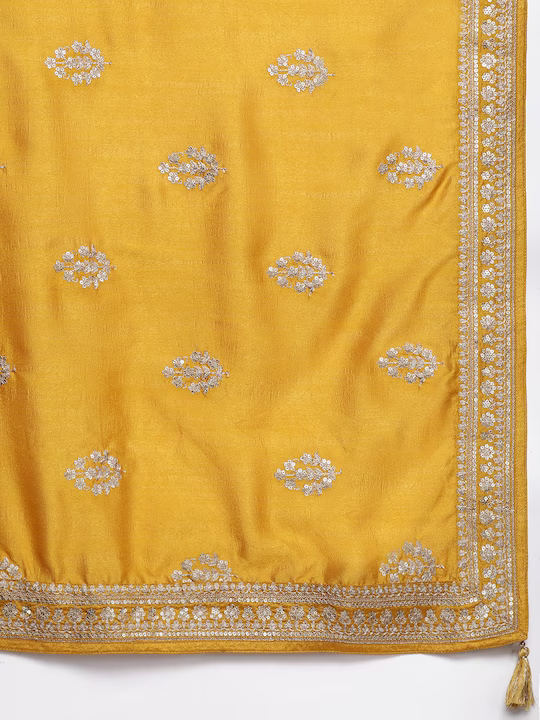 Women Mustard Yellow Floral Motifs Sequinned Kurta with Trousers & With Dupatta