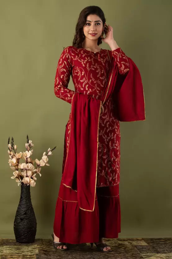 Women Elegant Viscose Rayon Kurta and Sharara Set with Dupatta