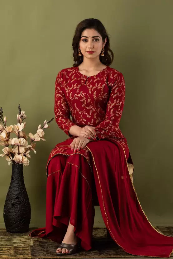 Women Elegant Viscose Rayon Kurta and Sharara Set with Dupatta