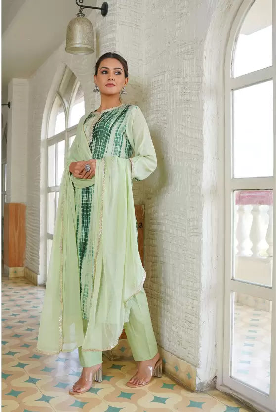 Women Pista Green Viscose Rayon Kurta Pant Dupatta Set