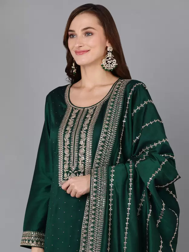 Women Long Sleeve Green Silk Blend Kurta Palazzo Dupatta Set