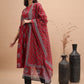 Red Floral Printe Kurta & Trousers With Dupatta