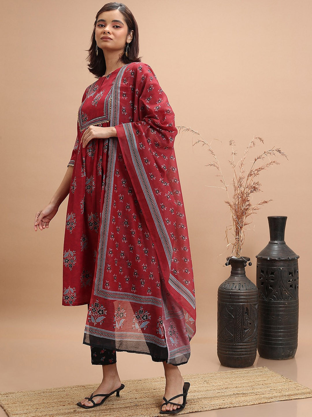 Red Floral Printe Kurta & Trousers With Dupatta