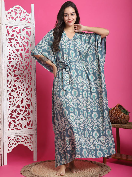 Women Printed V-Neck Maxi Kaftan Nightdress