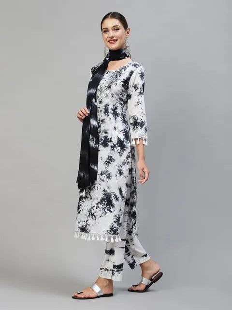 Tie- Dye Printed & Embroidered Straight Kurta with Pants & Dupatta - White & Black