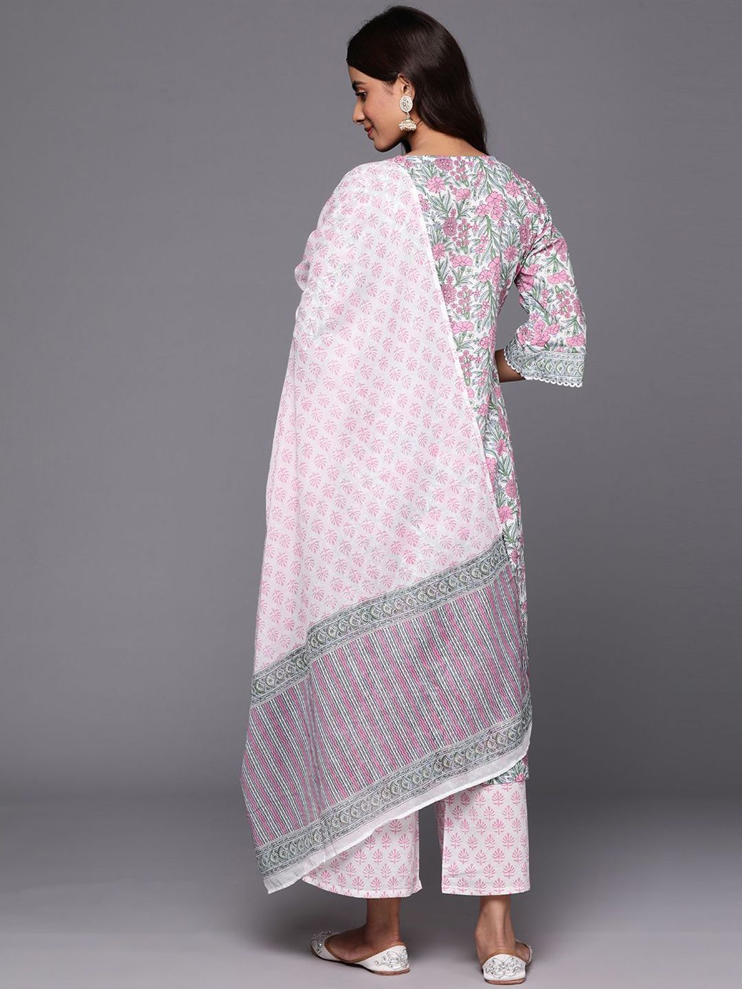 Floral Printed Notch Neck Cotton Straight Kurta With Palazzos & Dupatta - Amy's Cart