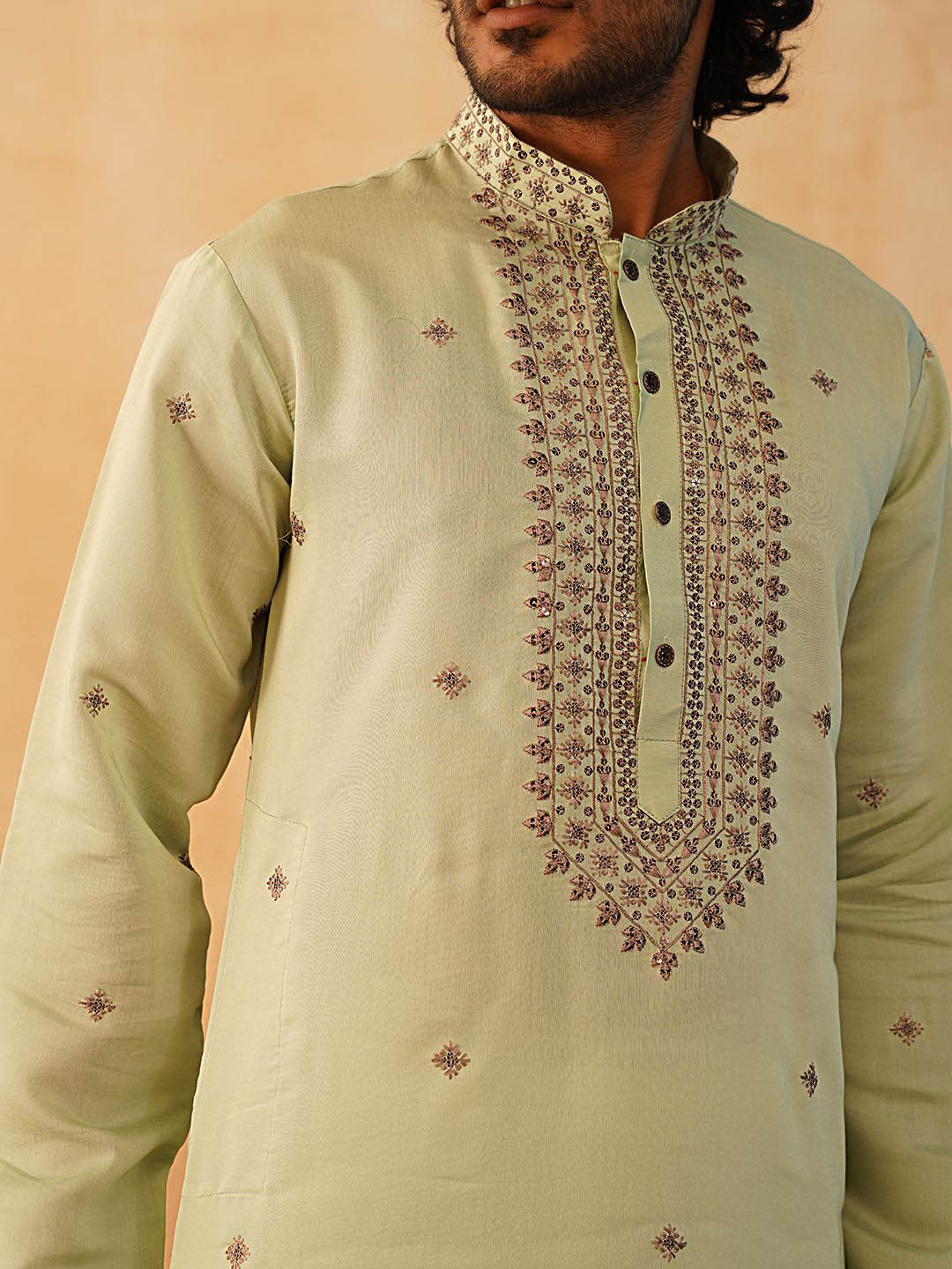 Men Silk Blend Embroidered Sequin Straight Republic Day Kurta with Pyjamas