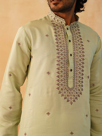 Men Silk Blend Embroidered Sequin Straight Republic Day Kurta with Pyjamas