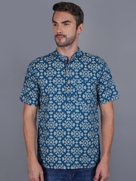 Geometric Pure Cotton Mandarin Collar Straight Kurta