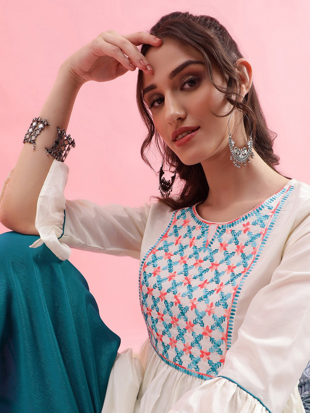 Ethnic Motifs Yoke Design Thread Work A-Line Kurti with Dhoti Pants