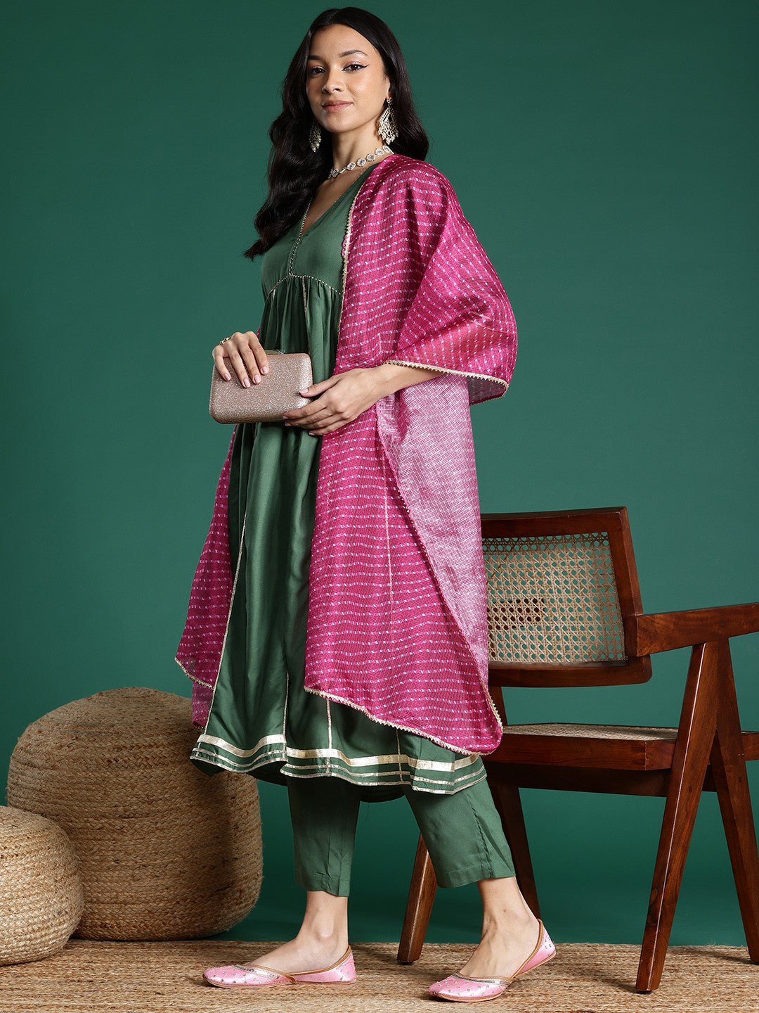 Gotta Patti Detail Empire Kurta Set With Striped Dupatta